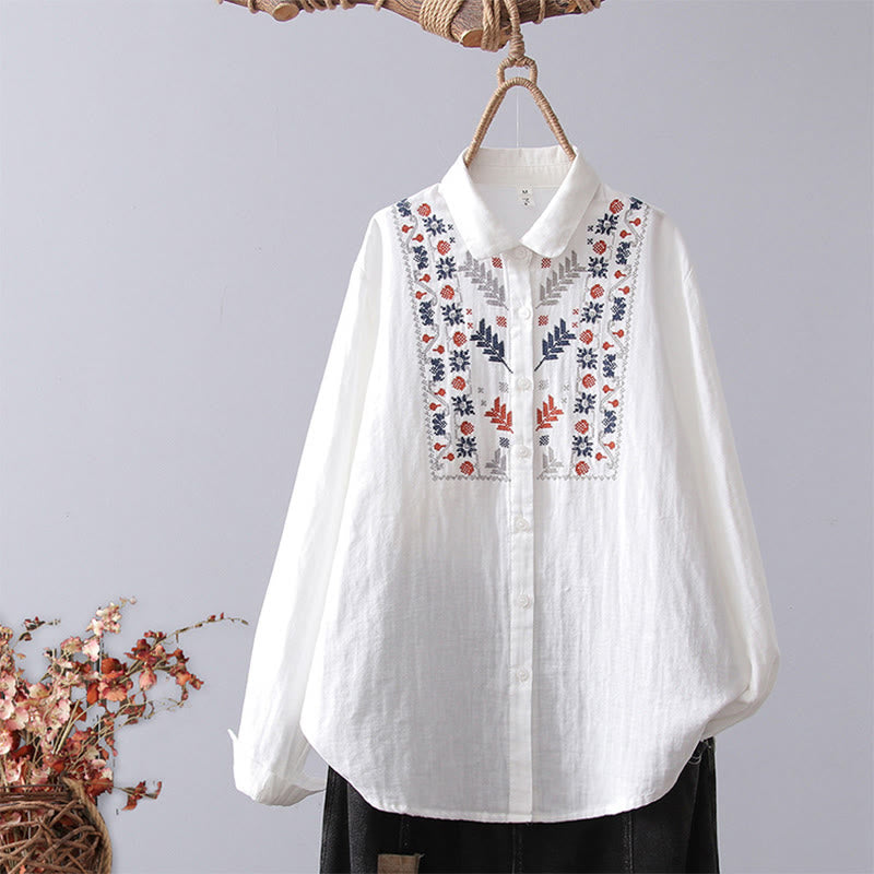 Camicia da donna in cotone a maniche lunghe con bottoni, motivo floreale a righe geometriche bianche, motivo Buddha Stones Fall - Fiore bianco - US4, UK/AU8, EU36 (L) - image 0