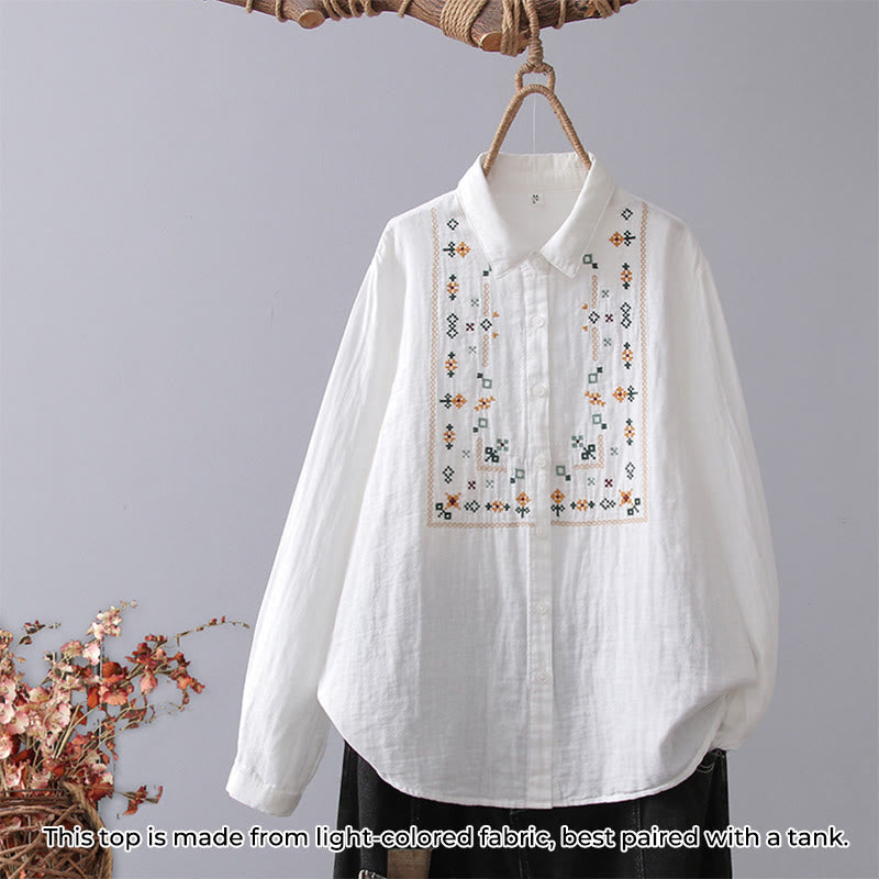 Camicia da donna in cotone a maniche lunghe con bottoni, motivo floreale a righe geometriche bianche, motivo Buddha Stones Fall - Bianco geometrico - US4, UK/AU8, EU36 (L) - image 9