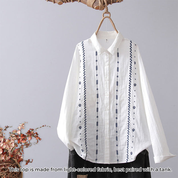 Camicia da donna in cotone a maniche lunghe con bottoni, motivo floreale a righe geometriche bianche, motivo Buddha Stones Fall - Geometrico a strisce bianche - US4, UK/AU8, EU36 (L) - image 10