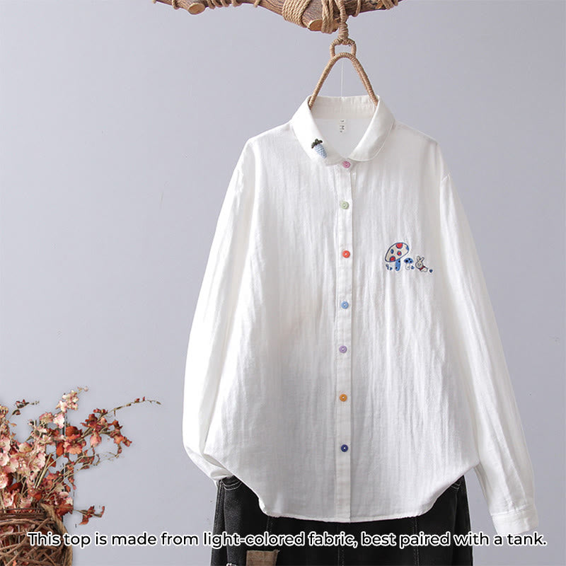Camicia da donna in cotone a maniche lunghe con bottoni, motivo floreale a righe geometriche bianche, motivo Buddha Stones Fall - Fungo bianco - US4, UK/AU8, EU36 (L) - image 11
