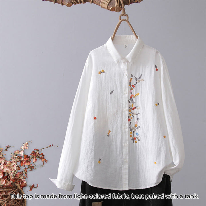 Camicia da donna in cotone a maniche lunghe con bottoni, motivo floreale a righe geometriche bianche, motivo Buddha Stones Fall - Fiore bianco giallo - US4, UK/AU8, EU36 (L) - image 13
