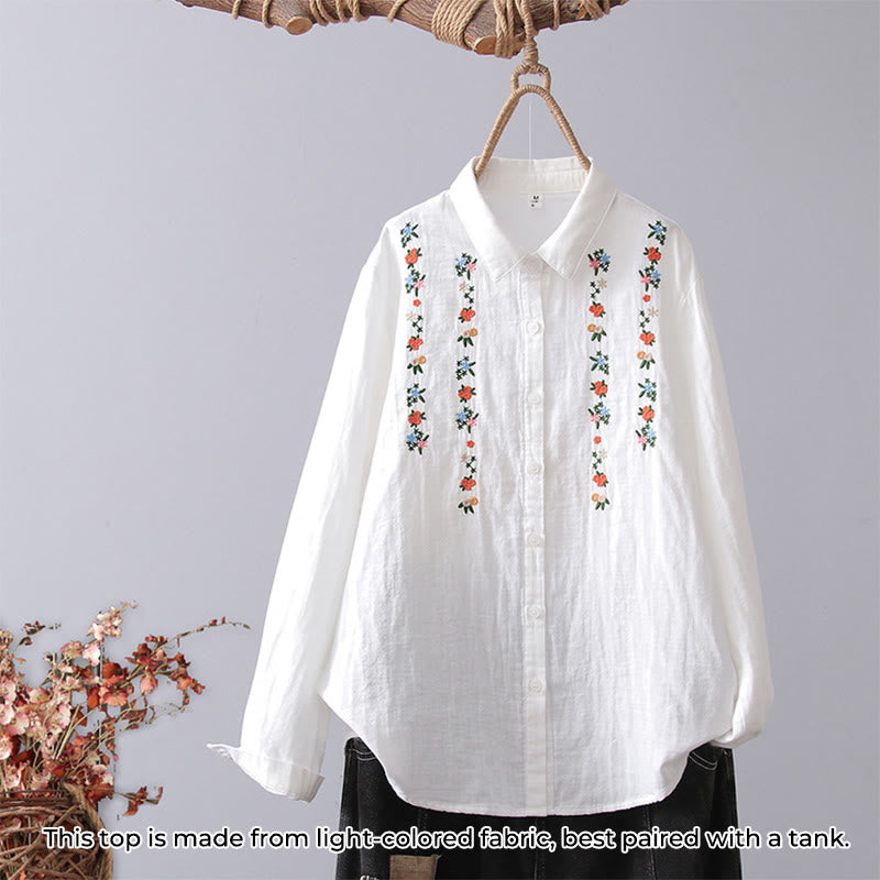 Camicia da donna in cotone a maniche lunghe con bottoni, motivo floreale a righe geometriche bianche, motivo Buddha Stones Fall - Fiore bianco rosso - US4, UK/AU8, EU36 (L) - image 14