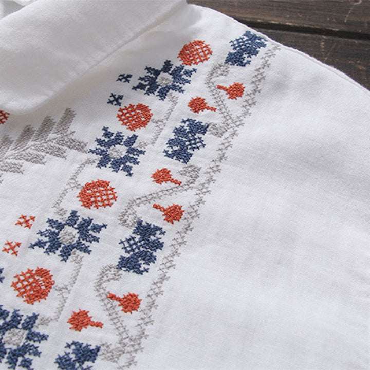 Camicia da donna in cotone a maniche lunghe con bottoni, motivo floreale a righe geometriche bianche, motivo Buddha Stones Fall - image 3