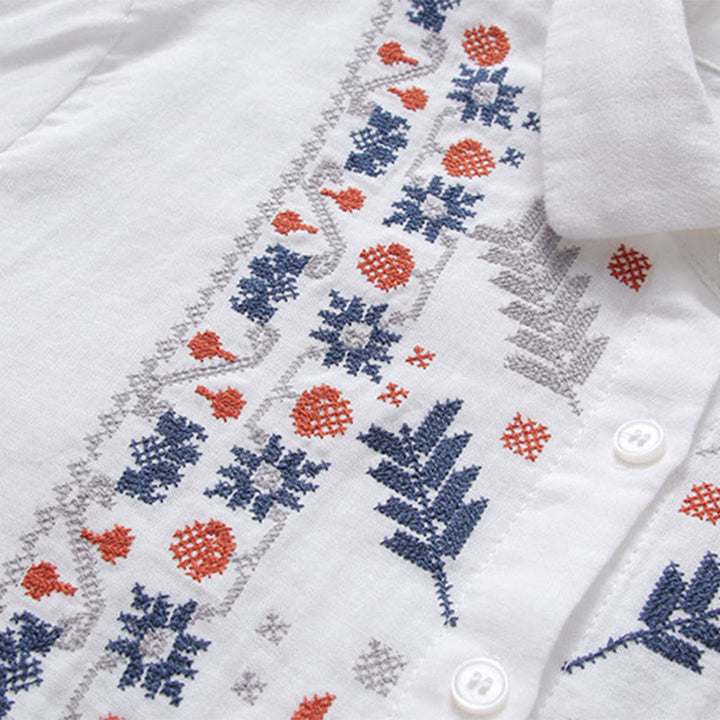 Camicia da donna in cotone a maniche lunghe con bottoni, motivo floreale a righe geometriche bianche, motivo Buddha Stones Fall - image 4