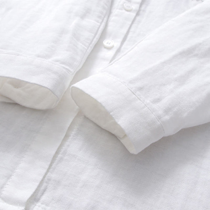 Camicia da donna in cotone a maniche lunghe con bottoni, motivo floreale a righe geometriche bianche, motivo Buddha Stones Fall - image 7