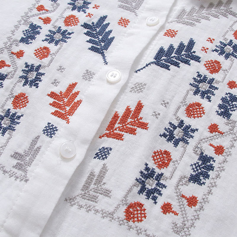 Camicia da donna in cotone a maniche lunghe con bottoni, motivo floreale a righe geometriche bianche, motivo Buddha Stones Fall - image 5