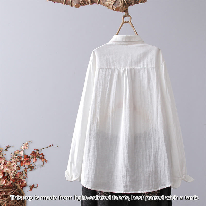 Camicia da donna in cotone a maniche lunghe con bottoni, motivo floreale a righe geometriche bianche, motivo Buddha Stones Fall - image 1