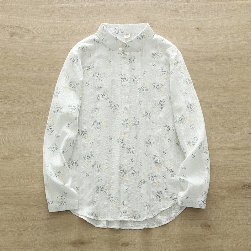 Camicia da donna in cotone a maniche lunghe con bottoni, motivo Buddha Stones Fall, fiori bianchi e gialli, foglie verdi - Bianco - US6, UK/AU10, EU38 (XL) - image 1