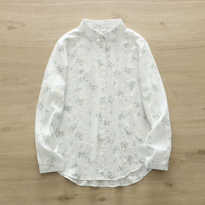 Camicia da donna in cotone a maniche lunghe con bottoni, motivo Buddha Stones Fall, fiori bianchi e gialli, foglie verdi - Bianco - US6, UK/AU10, EU38 (XL) - image 1