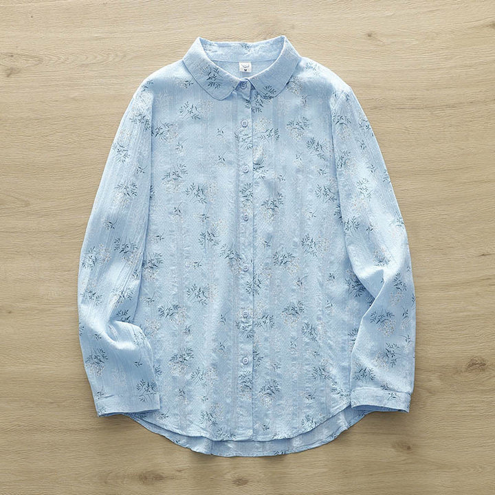 Camicia da donna in cotone a maniche lunghe con bottoni, motivo Buddha Stones Fall, fiori bianchi e gialli, foglie verdi - Azzurro cielo chiaro - US6, UK/AU10, EU38 (XL) - image 12