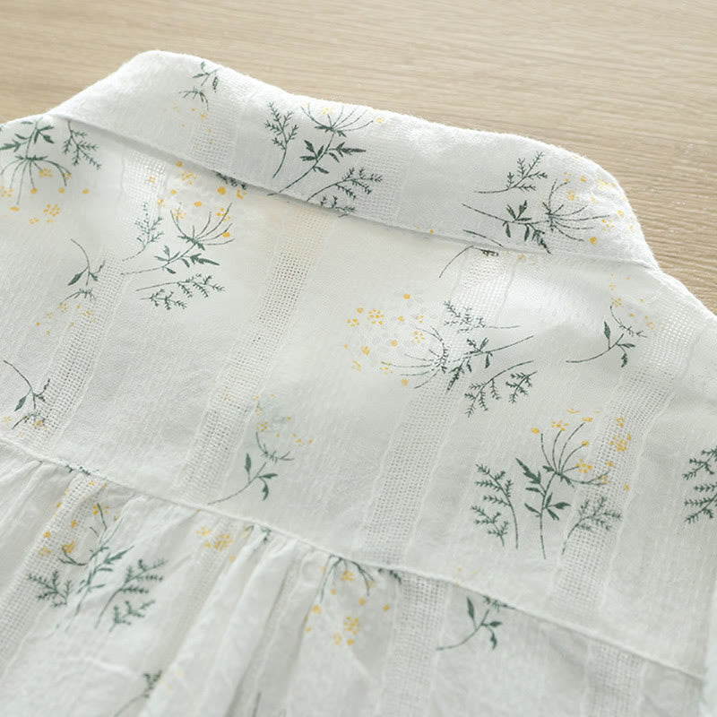 Camicia da donna in cotone a maniche lunghe con bottoni, motivo Buddha Stones Fall, fiori bianchi e gialli, foglie verdi - image 4