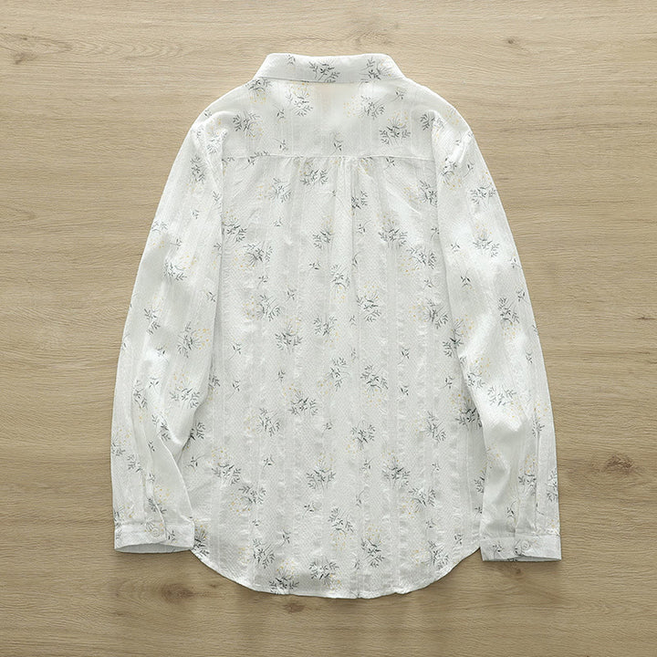 Camicia da donna in cotone a maniche lunghe con bottoni, motivo Buddha Stones Fall, fiori bianchi e gialli, foglie verdi - image 2
