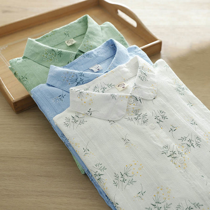 Camicia da donna in cotone a maniche lunghe con bottoni, motivo Buddha Stones Fall, fiori bianchi e gialli, foglie verdi - image 14