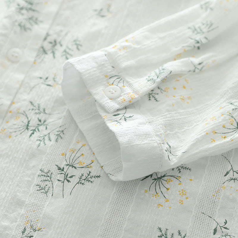 Camicia da donna in cotone a maniche lunghe con bottoni, motivo Buddha Stones Fall, fiori bianchi e gialli, foglie verdi - image 7