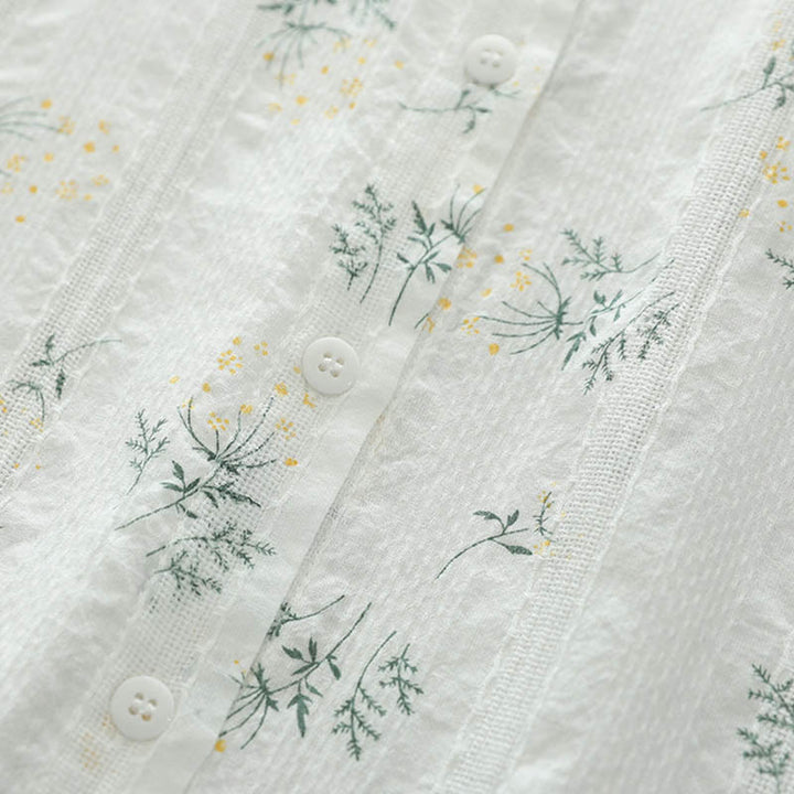 Camicia da donna in cotone a maniche lunghe con bottoni, motivo Buddha Stones Fall, fiori bianchi e gialli, foglie verdi - image 6