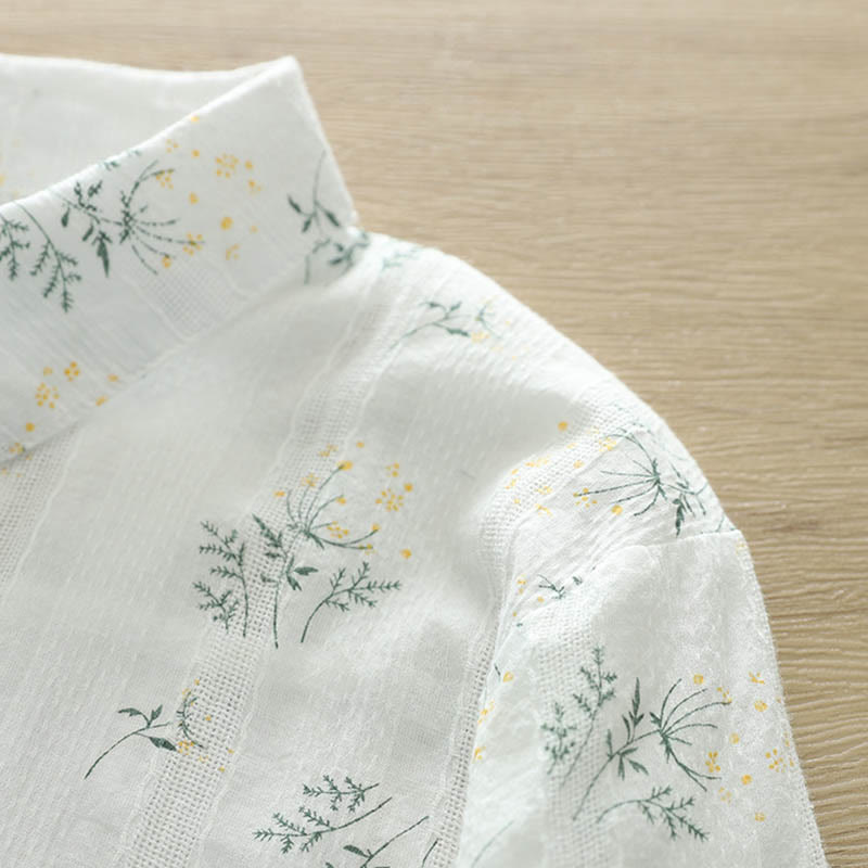 Camicia da donna in cotone a maniche lunghe con bottoni, motivo Buddha Stones Fall, fiori bianchi e gialli, foglie verdi - image 5