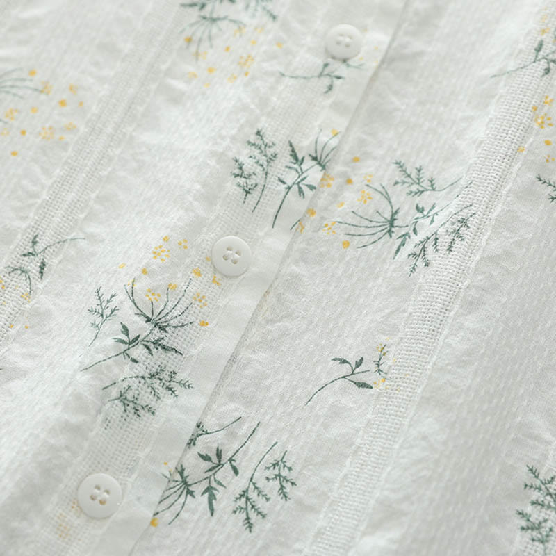Camicia da donna in cotone a maniche lunghe con bottoni, motivo Buddha Stones Fall, fiori bianchi e gialli, foglie verdi - image 6
