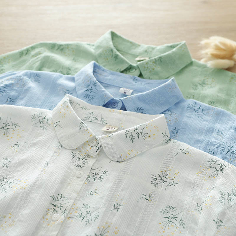 Camicia da donna in cotone a maniche lunghe con bottoni, motivo Buddha Stones Fall, fiori bianchi e gialli, foglie verdi - image 15