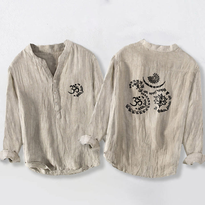 Camicia da uomo in cotone e lino a maniche lunghe con bottoni a metà, motivo a loto, Buddha Stones, simbolo Om - Biancheria - US/UK/AU50, EU60 (5XL) - image 0
