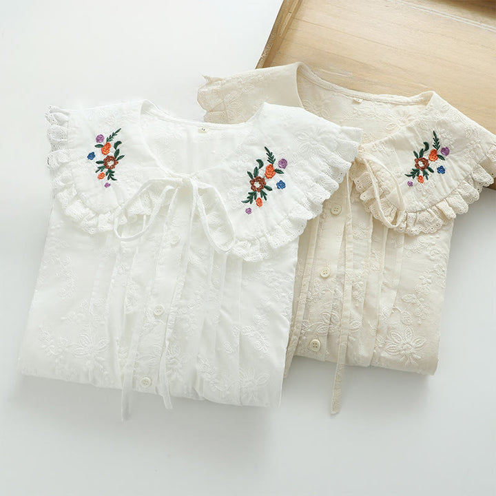 Camicia da donna in cotone a maniche lunghe con colletto alla Peter Pan, ricamo floreale bianco Buddha Stones Fall - image 11