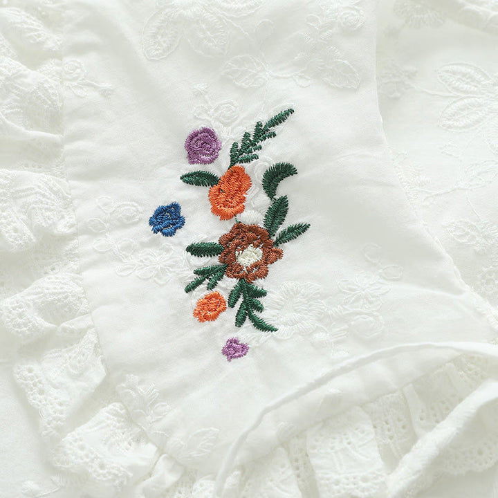 Camicia da donna in cotone a maniche lunghe con colletto alla Peter Pan, ricamo floreale bianco Buddha Stones Fall - image 6