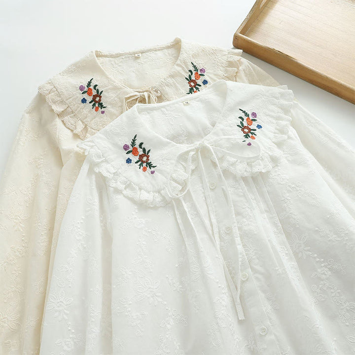 Camicia da donna in cotone a maniche lunghe con colletto alla Peter Pan, ricamo floreale bianco Buddha Stones Fall - image 12