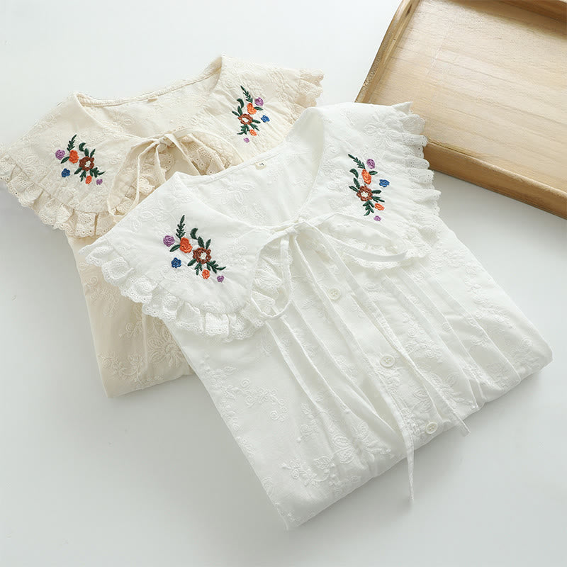 Camicia da donna in cotone a maniche lunghe con colletto alla Peter Pan, ricamo floreale bianco Buddha Stones Fall - image 10