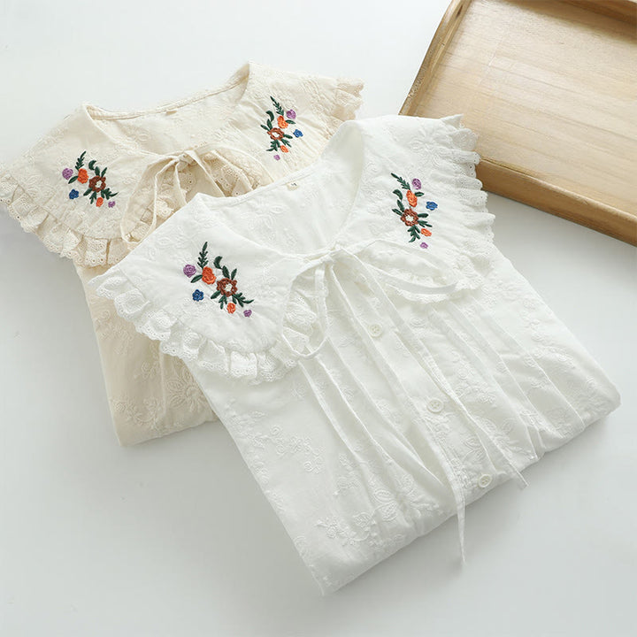 Camicia da donna in cotone a maniche lunghe con colletto alla Peter Pan, ricamo floreale bianco Buddha Stones Fall - image 10