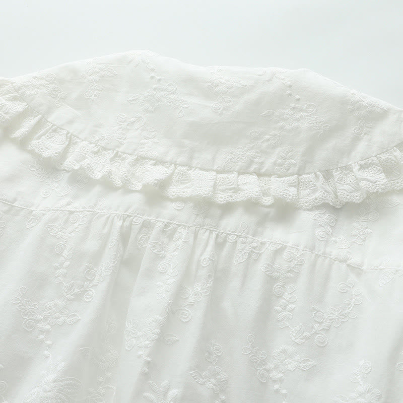 Camicia da donna in cotone a maniche lunghe con colletto alla Peter Pan, ricamo floreale bianco Buddha Stones Fall - image 5