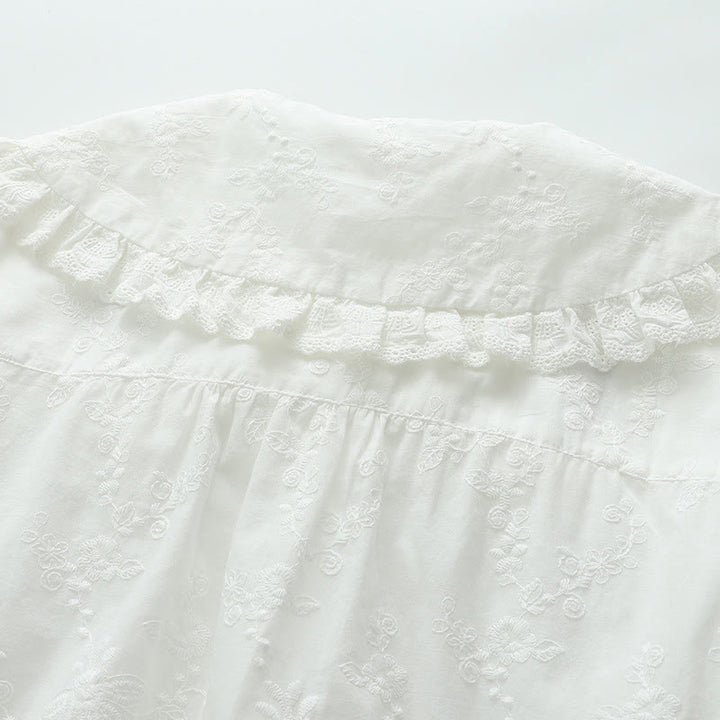 Camicia da donna in cotone a maniche lunghe con colletto alla Peter Pan, ricamo floreale bianco Buddha Stones Fall - image 5