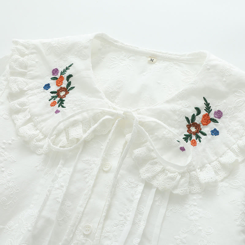 Camicia da donna in cotone a maniche lunghe con colletto alla Peter Pan, ricamo floreale bianco Buddha Stones Fall - image 4