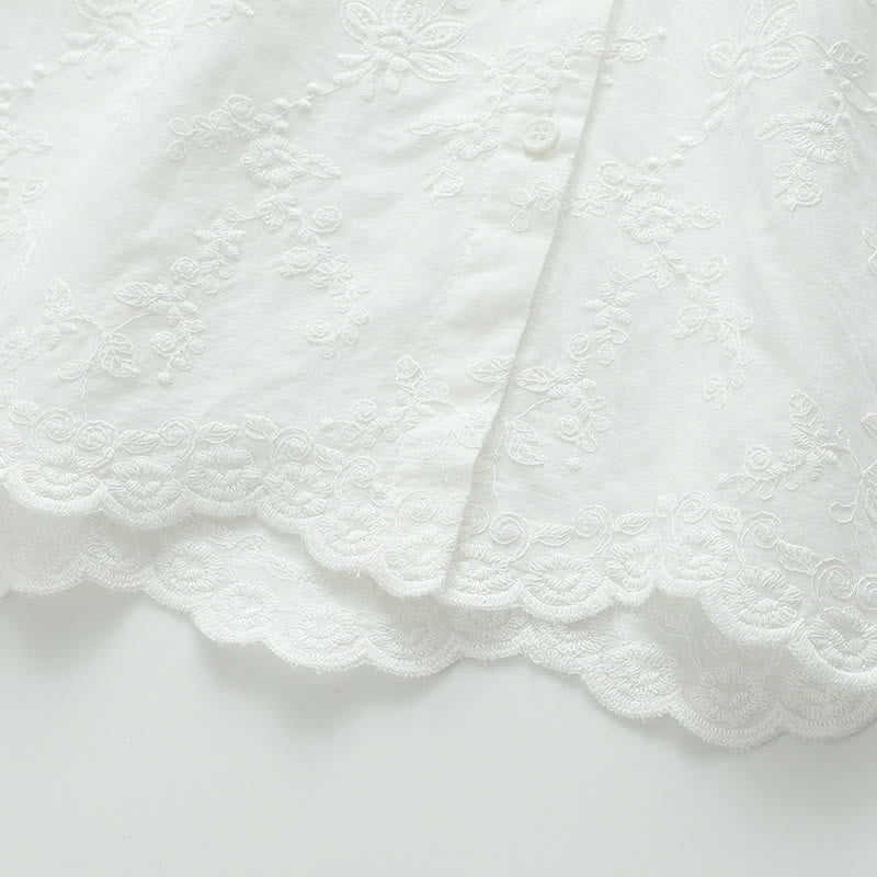 Camicia da donna in cotone a maniche lunghe con colletto alla Peter Pan, ricamo floreale bianco Buddha Stones Fall - image 8