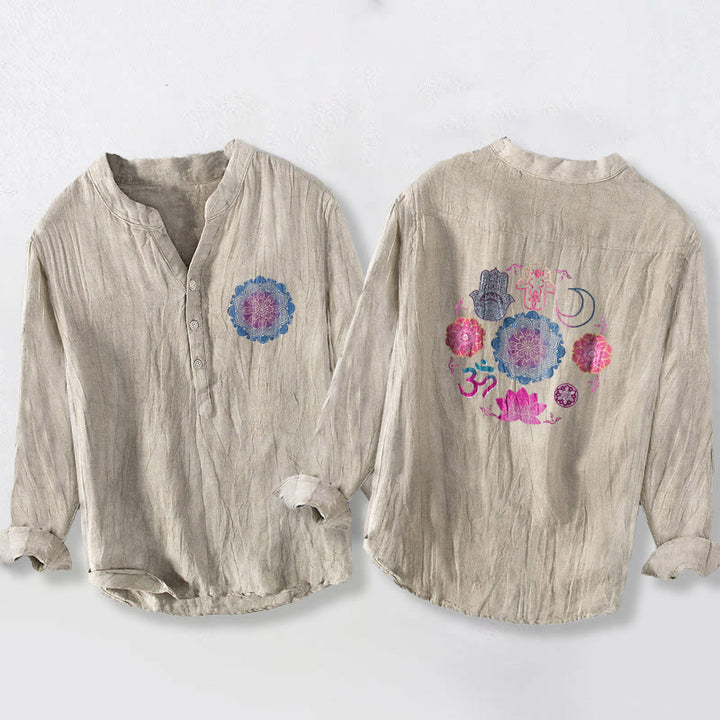Camicia da uomo in cotone e lino a maniche lunghe con bottoni mezzi, motivo : Buddha Stones Mandala Om Lotus Hamsa Hands - Biancheria - US/UK/AU50, EU60 (5XL) - image 3