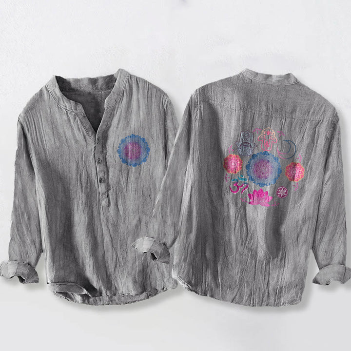 Camicia da uomo in cotone e lino a maniche lunghe con bottoni mezzi, motivo : Buddha Stones Mandala Om Lotus Hamsa Hands - Grigio - US/UK/AU50, EU60 (5XL) - image 6