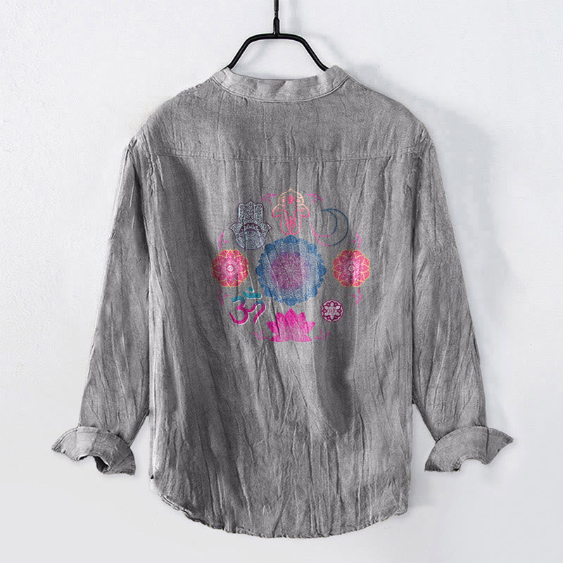 Camicia da uomo in cotone e lino a maniche lunghe con bottoni mezzi, motivo : Buddha Stones Mandala Om Lotus Hamsa Hands - image 8
