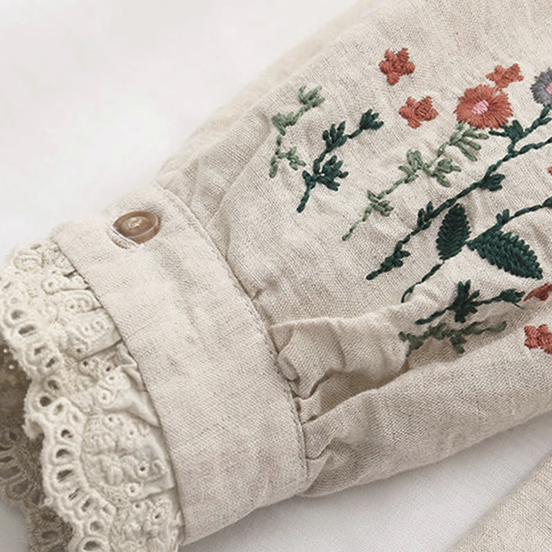 Camicia da donna in cotone a maniche lunghe con bottoni ricamati a fiori beige Buddha Stones Fall - image 6