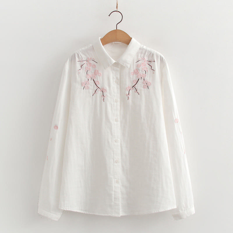 Camicia da donna in cotone a maniche lunghe con bottoni ricamati, motivo Buddha Stones Fall Pink Plum Blossoms - Bianco - US6, UK/AU10, EU38 (XL) - image 3