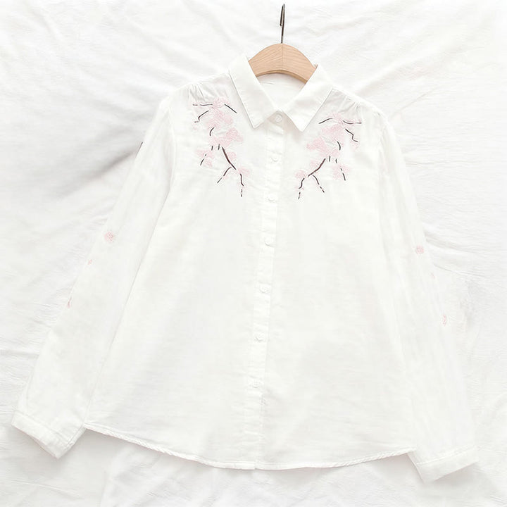 Camicia da donna in cotone a maniche lunghe con bottoni ricamati, motivo Buddha Stones Fall Pink Plum Blossoms - image 5