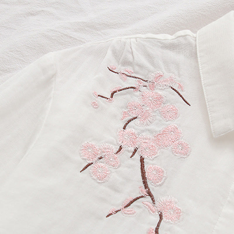 Camicia da donna in cotone a maniche lunghe con bottoni ricamati, motivo Buddha Stones Fall Pink Plum Blossoms - image 8