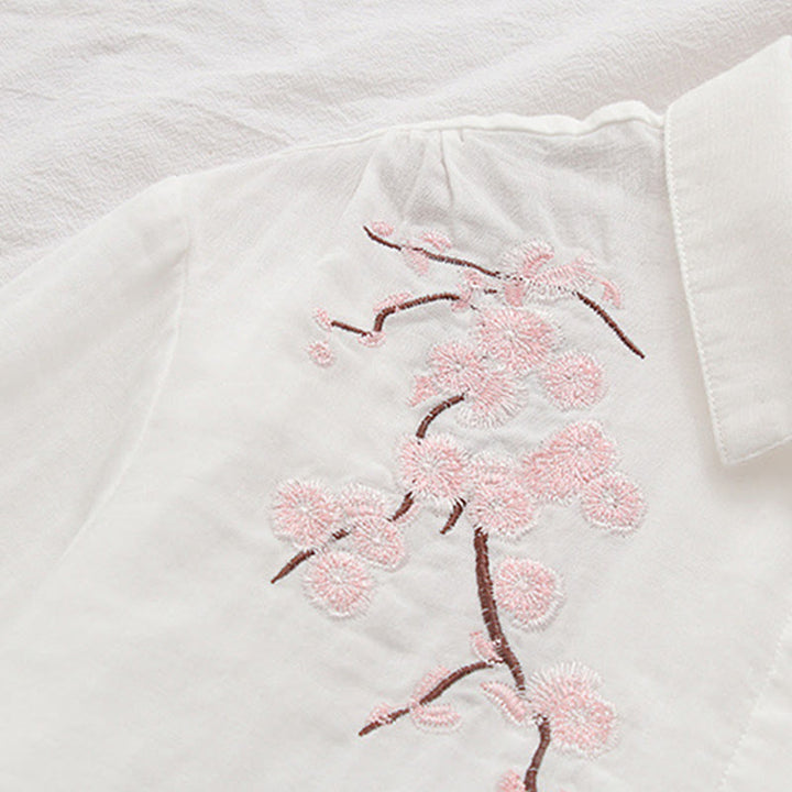 Camicia da donna in cotone a maniche lunghe con bottoni ricamati, motivo Buddha Stones Fall Pink Plum Blossoms - image 8