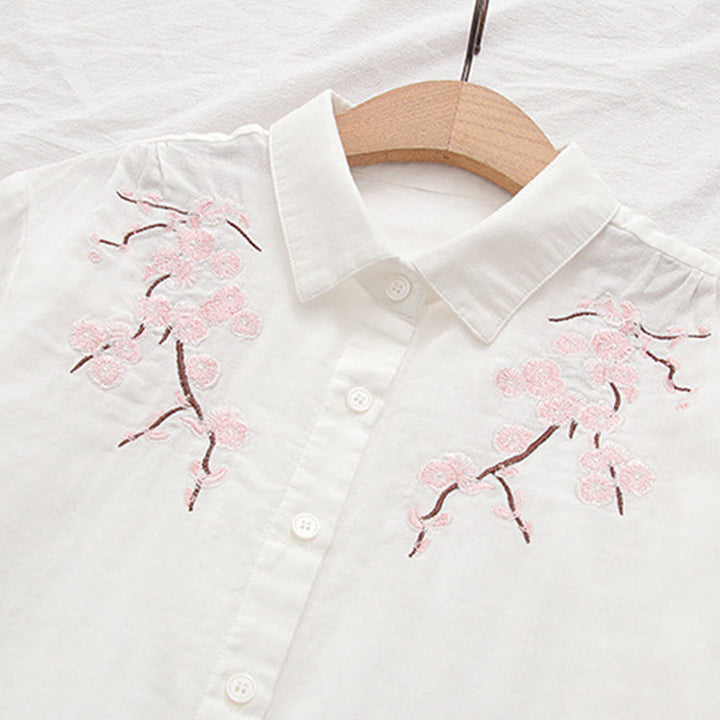 Camicia da donna in cotone a maniche lunghe con bottoni ricamati, motivo Buddha Stones Fall Pink Plum Blossoms - image 7