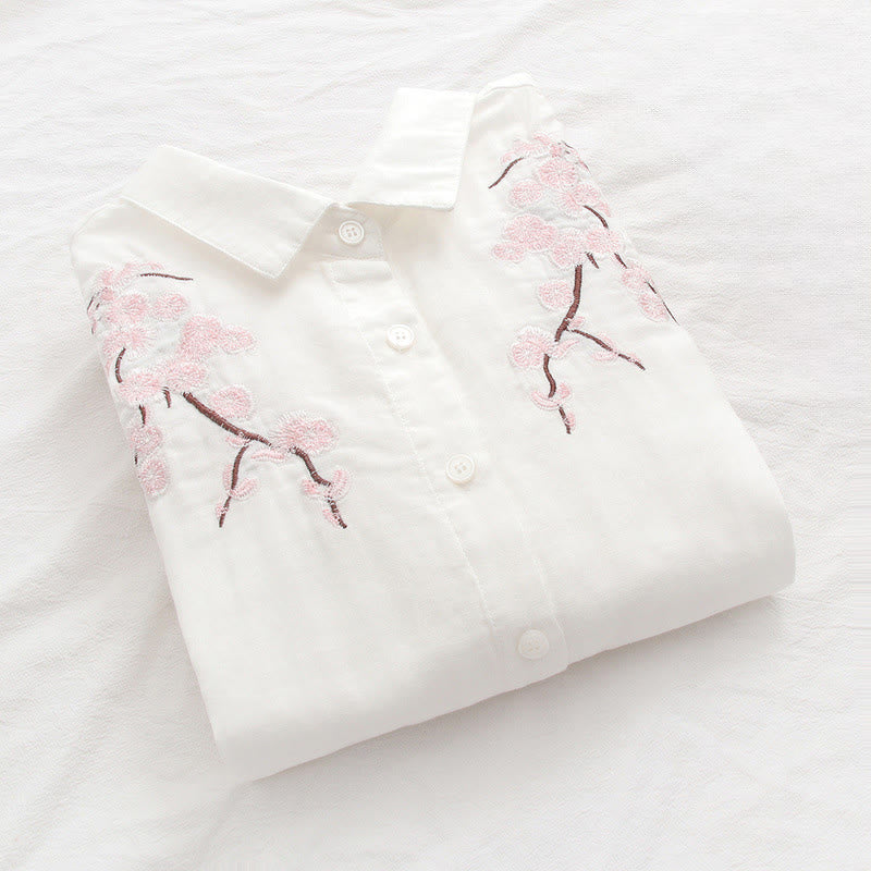 Camicia da donna in cotone a maniche lunghe con bottoni ricamati, motivo Buddha Stones Fall Pink Plum Blossoms - image 6