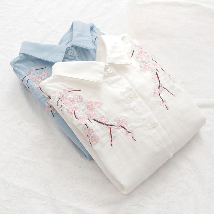 Camicia da donna in cotone a maniche lunghe con bottoni ricamati, motivo Buddha Stones Fall Pink Plum Blossoms - image 14