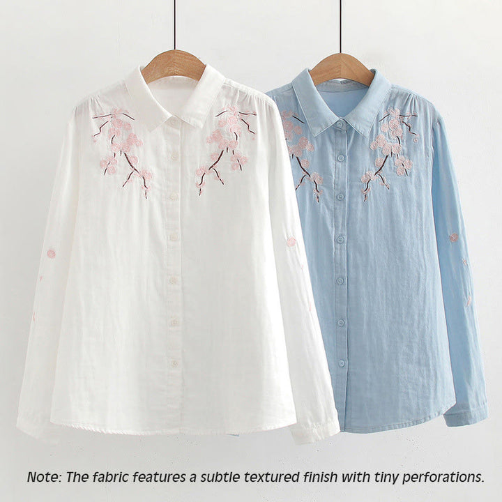 Camicia da donna in cotone a maniche lunghe con bottoni ricamati, motivo Buddha Stones Fall Pink Plum Blossoms - image 2