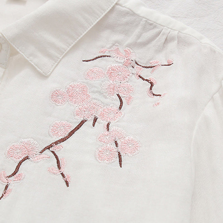 Camicia da donna in cotone a maniche lunghe con bottoni ricamati, motivo Buddha Stones Fall Pink Plum Blossoms - image 9