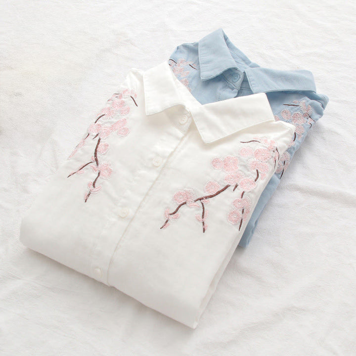 Camicia da donna in cotone a maniche lunghe con bottoni ricamati, motivo Buddha Stones Fall Pink Plum Blossoms - image 15