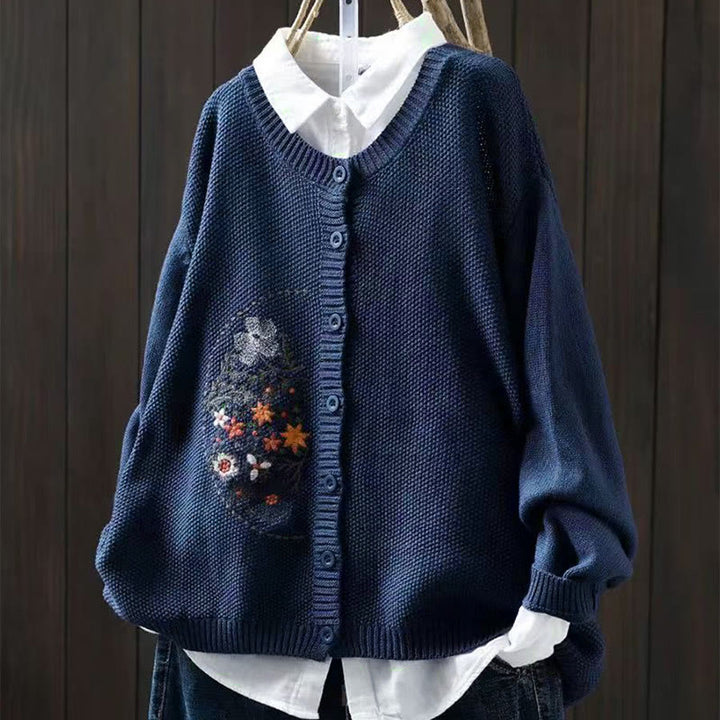 Cardigan lavorato a maglia a maniche lunghe in cotone con bottoni ricamati floreali con Buddha Stones da donna - SteelBlue - US4， UK/AU8，EU36-38 (F) - image 0