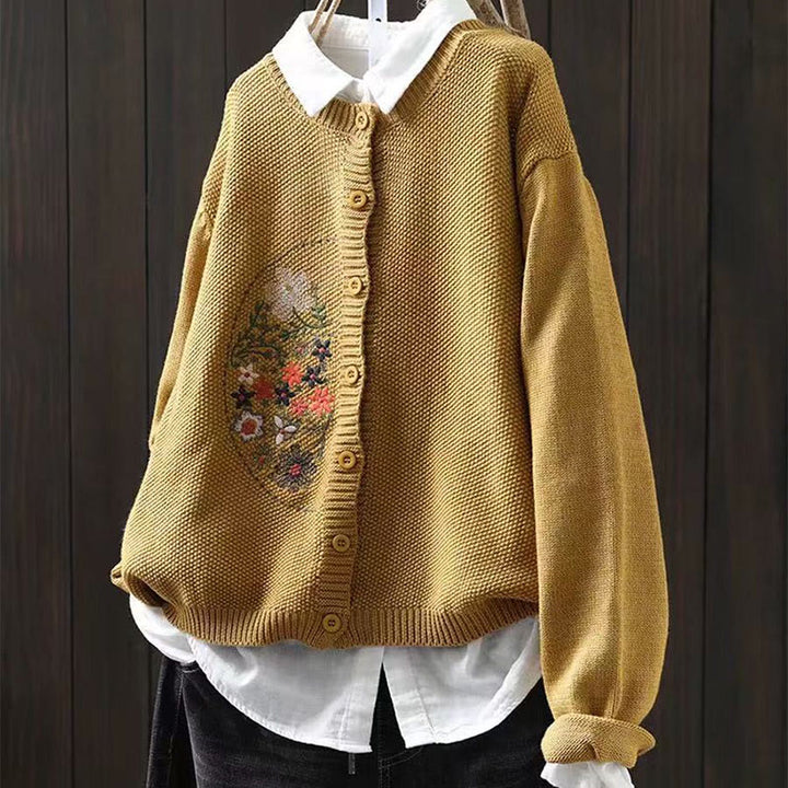 Cardigan lavorato a maglia a maniche lunghe in cotone con bottoni ricamati floreali con Buddha Stones da donna - Oro - US4, UK/AU8, EU36-38 (F) - image 2