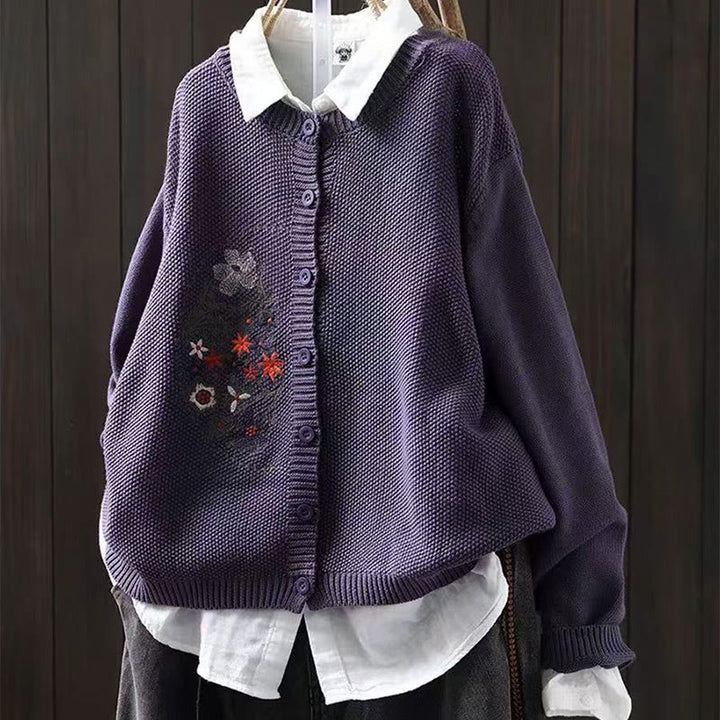 Cardigan lavorato a maglia a maniche lunghe in cotone con bottoni ricamati floreali con Buddha Stones da donna - Viola scuro - US4, UK/AU8, EU36-38 (F) - image 4