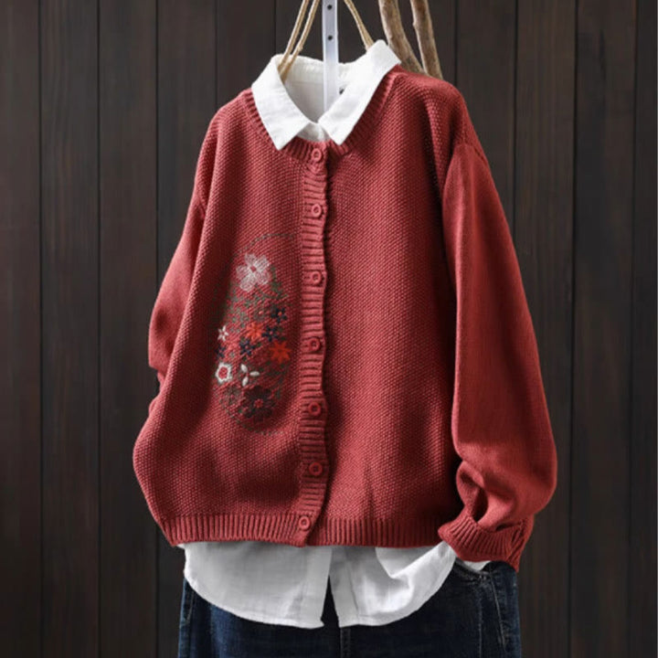 Cardigan lavorato a maglia a maniche lunghe in cotone con bottoni ricamati floreali con Buddha Stones da donna - Pomodoro - US4, UK/AU8, EU36-38 (F) - image 18